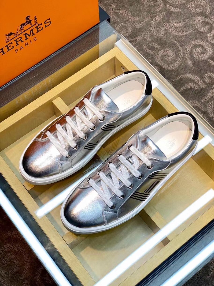 Replica Hermes Men's Avantage Sneakers In Grey Metallic Leather
