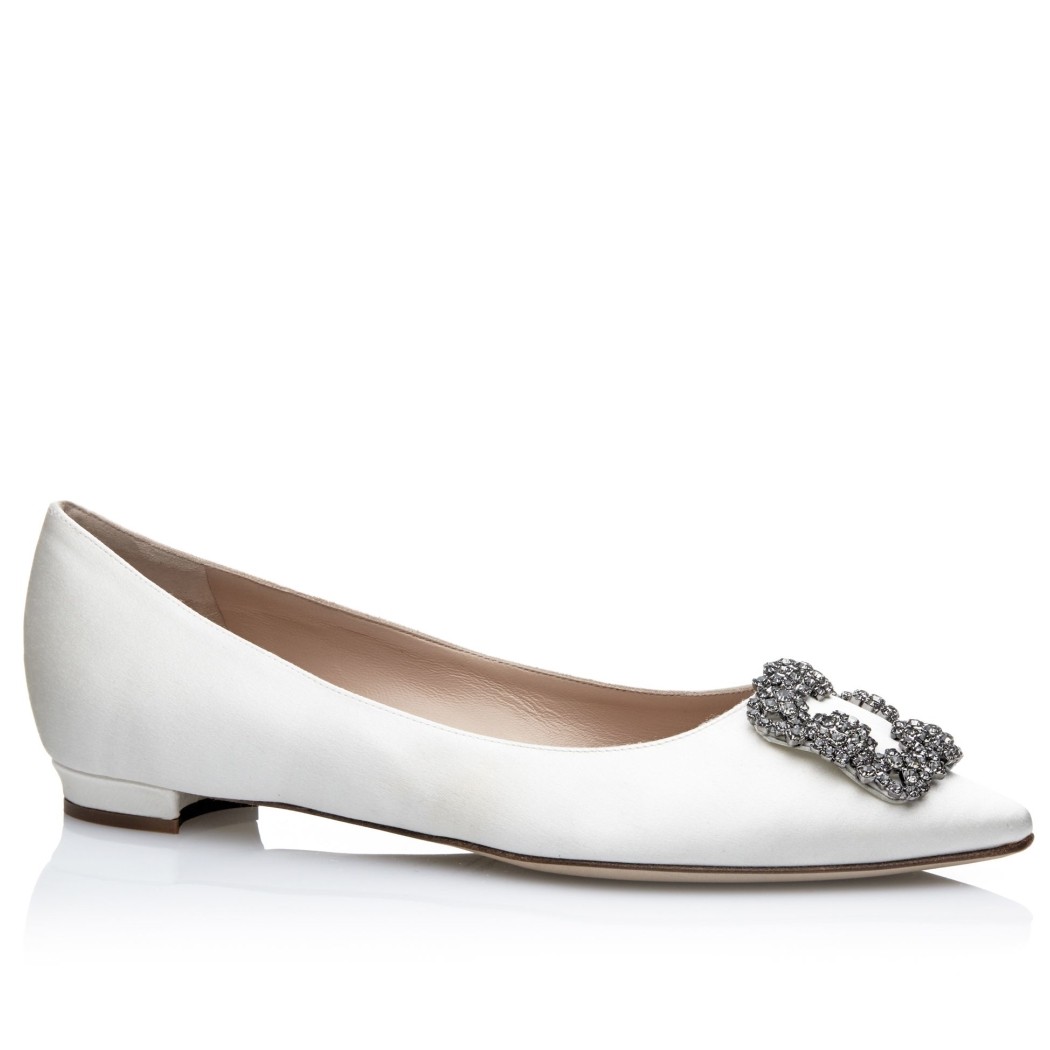 Replica Manolo Blahnik Hangisi Flats In White Satin with Crystal Buckle