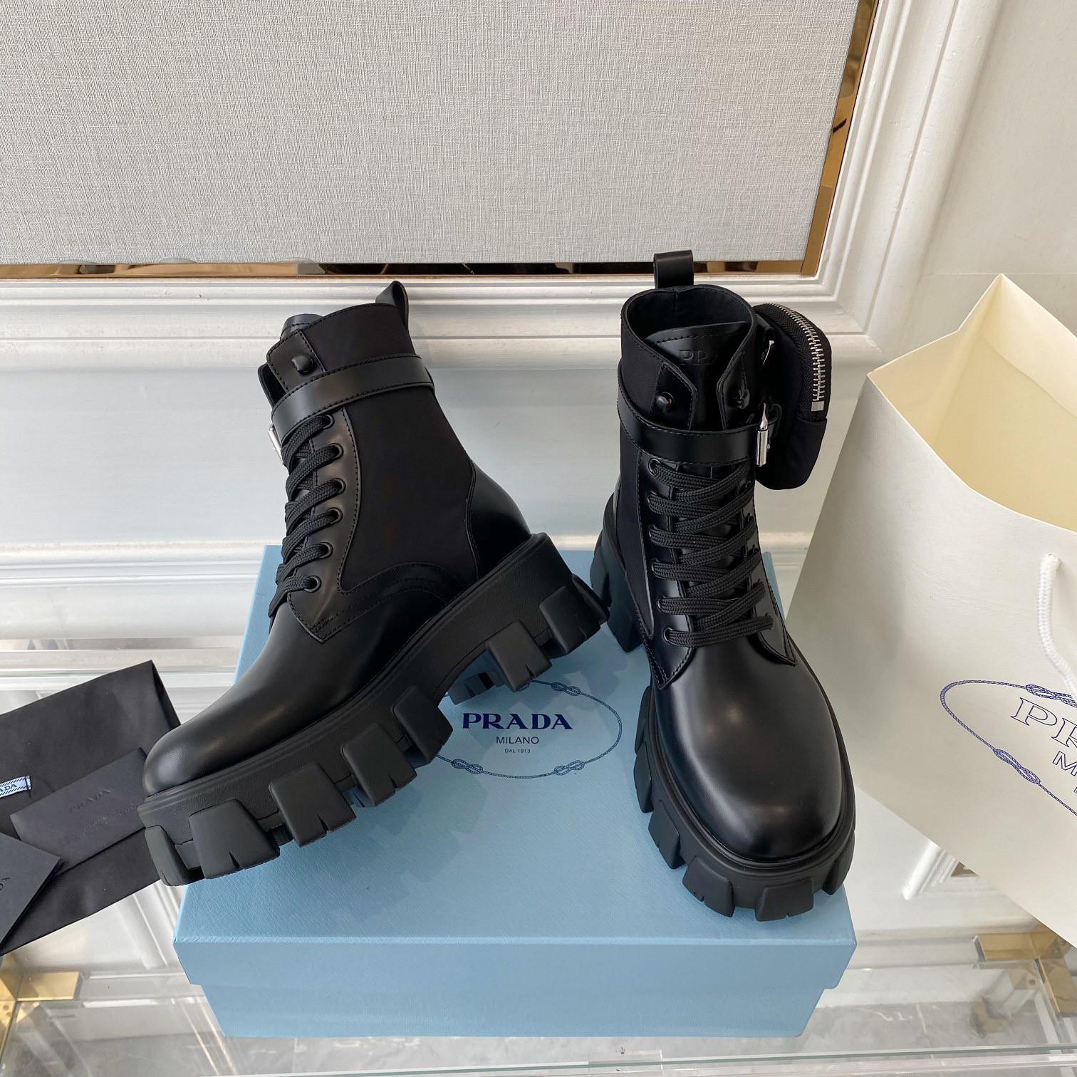 Replica Prada Monolith Boots in Black Leather and Nylon Fabric
