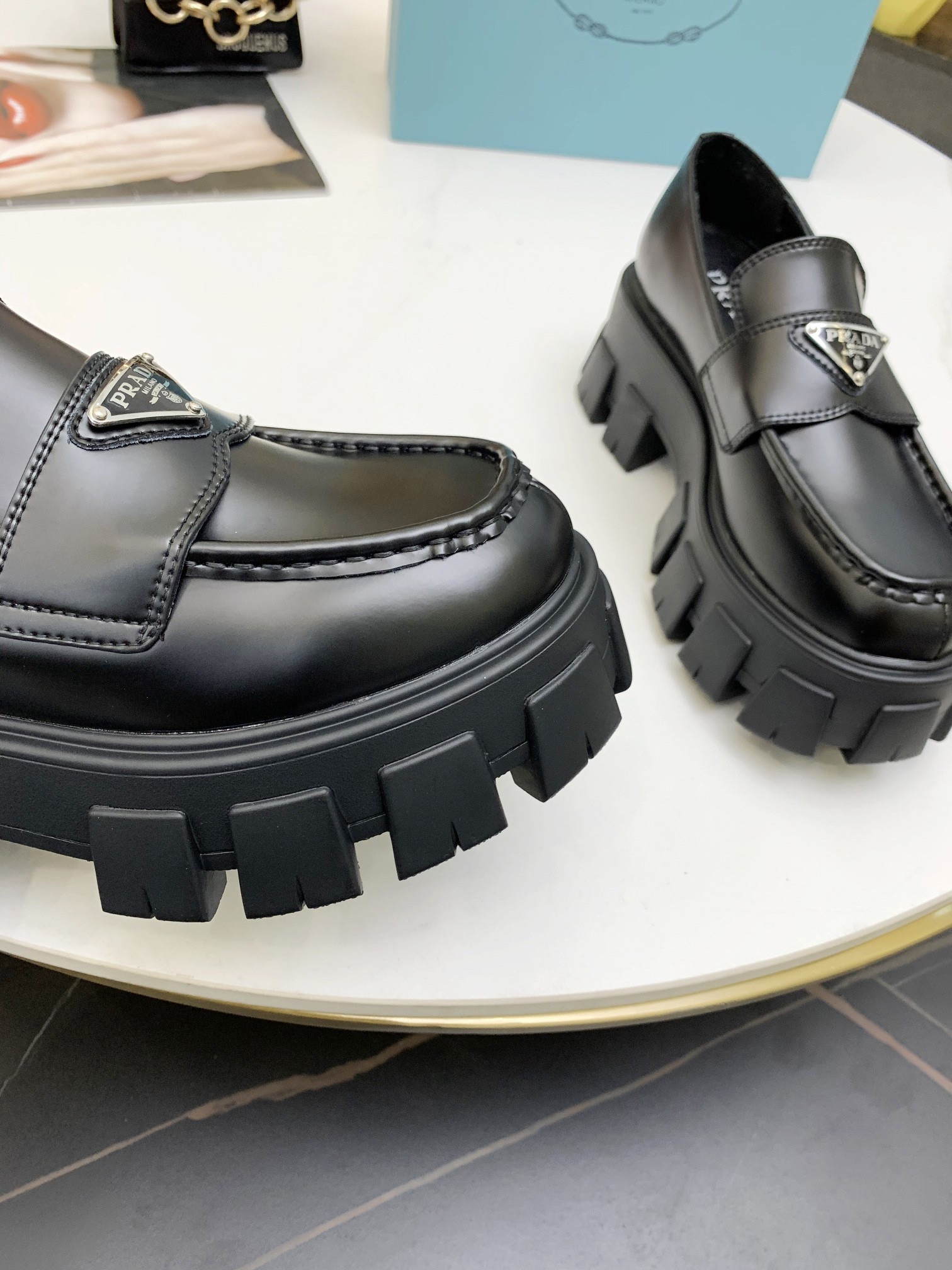 Replica Prada Women's Monolith Loafers In Black Brushed Leather