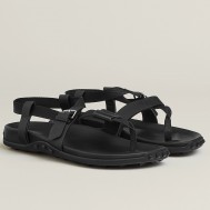 Hermes Inboard Sandals in Black Leather and Ribbon