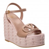 Valentino VLogo Cut-out Espadrille Wedge Sandals in Beige Leather 