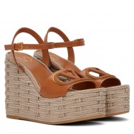 Valentino VLogo Cut-out Espadrille Wedge Sandals in Brown Leather