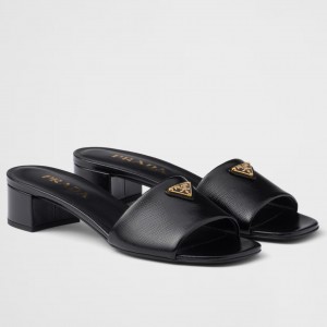 Prada Heeled Sandals 35mm in Black Saffiano Leather