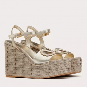 Valentino VLogo Cut-out Espadrille Wedge Sandals in Gold Metallic Leather