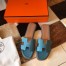 Hermes Oran Slide Sandals In Blue Jean Clemence Leather